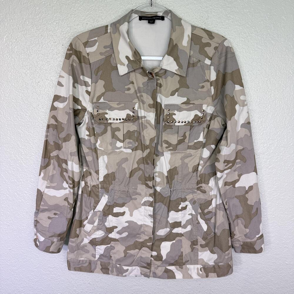 Boston Proper Jacket Womens Medium Anorak Camo Studded Utility Army Military
